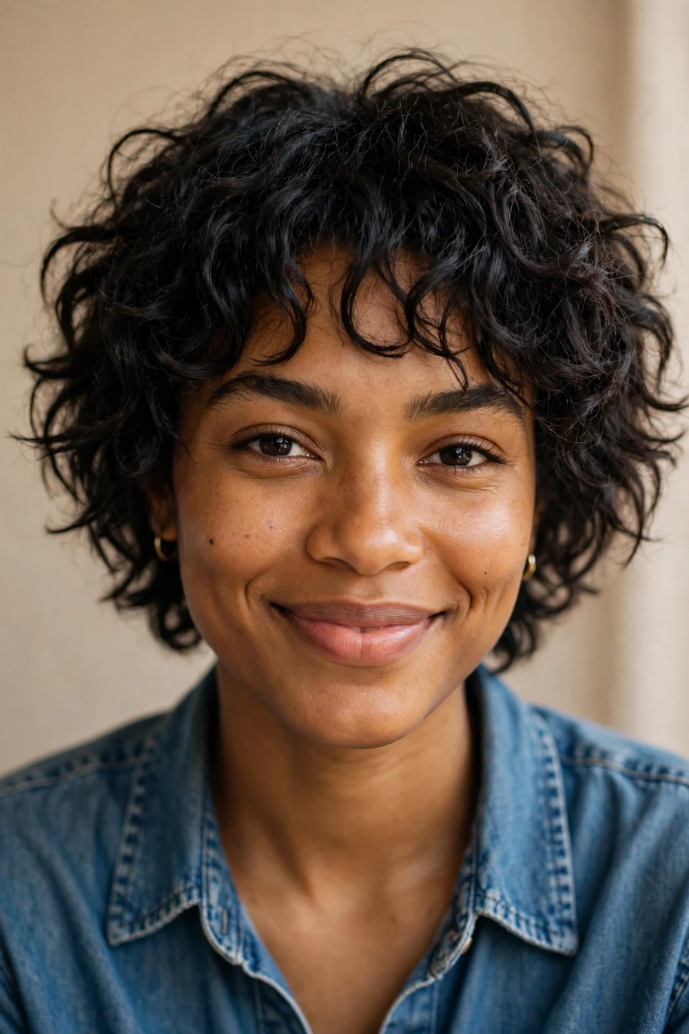 Woman with dark curly hair in a short curly shag with choppy layers and curly fringe