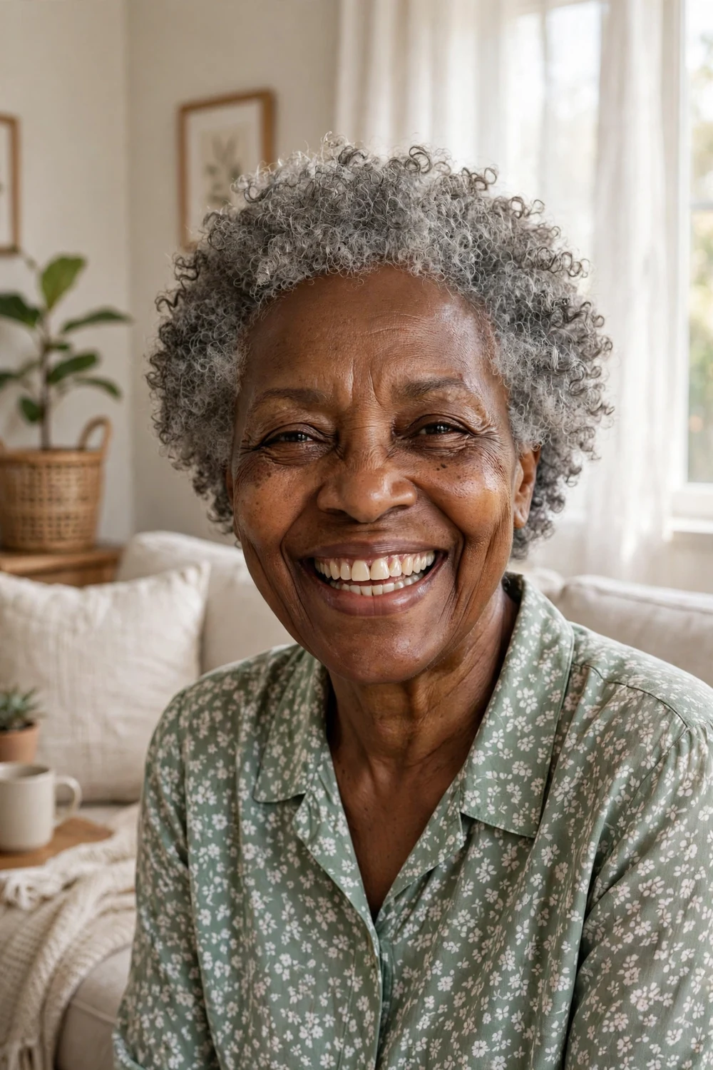 Black woman in her late 60s with a short natural gray curly wash-and-go haircut in a living room