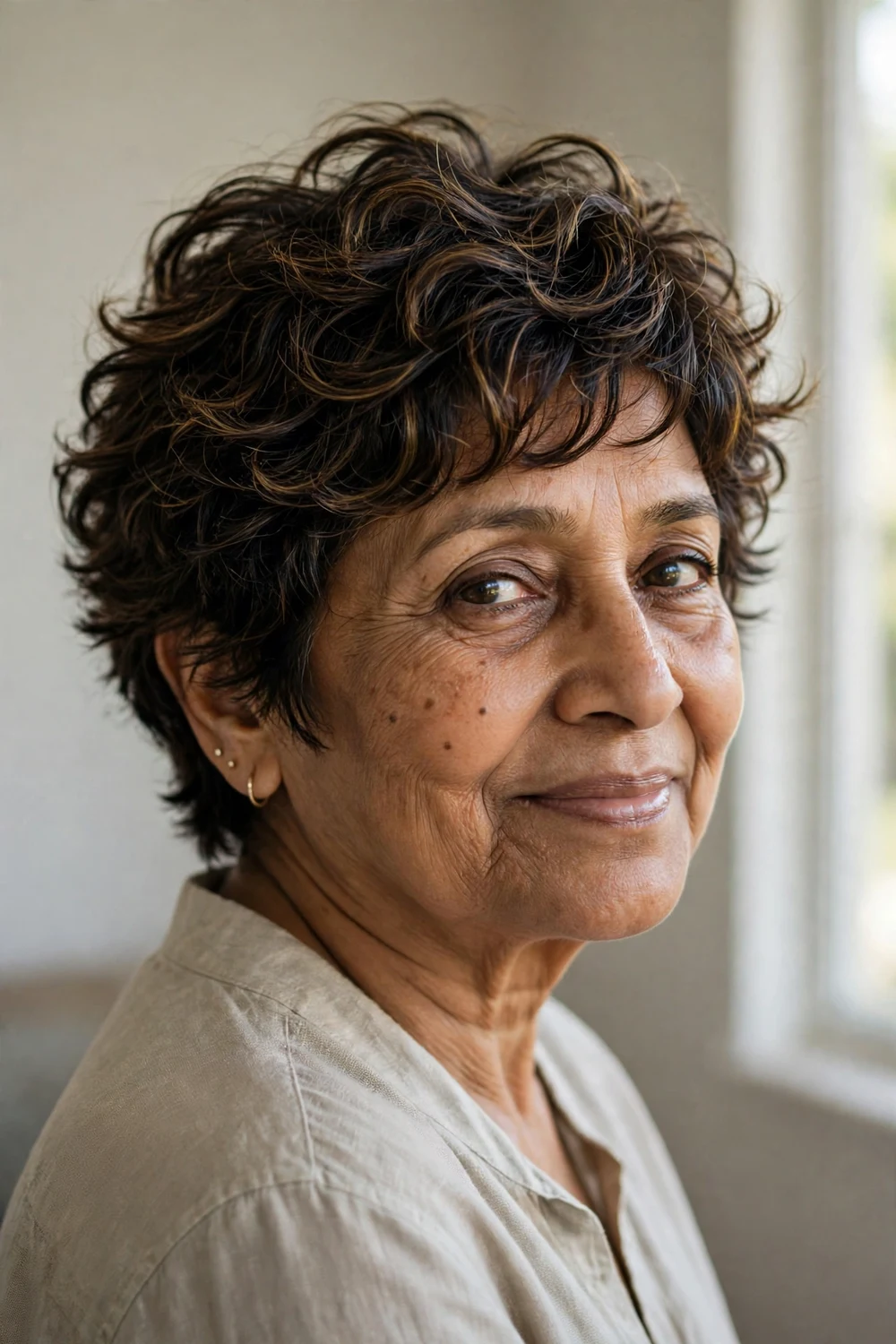 Woman over 60 with a short curly wolf cut