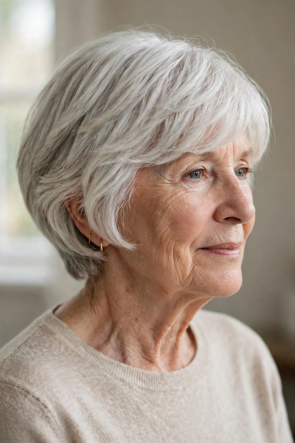 Short ear-length layered bob with a side-swept fringe
