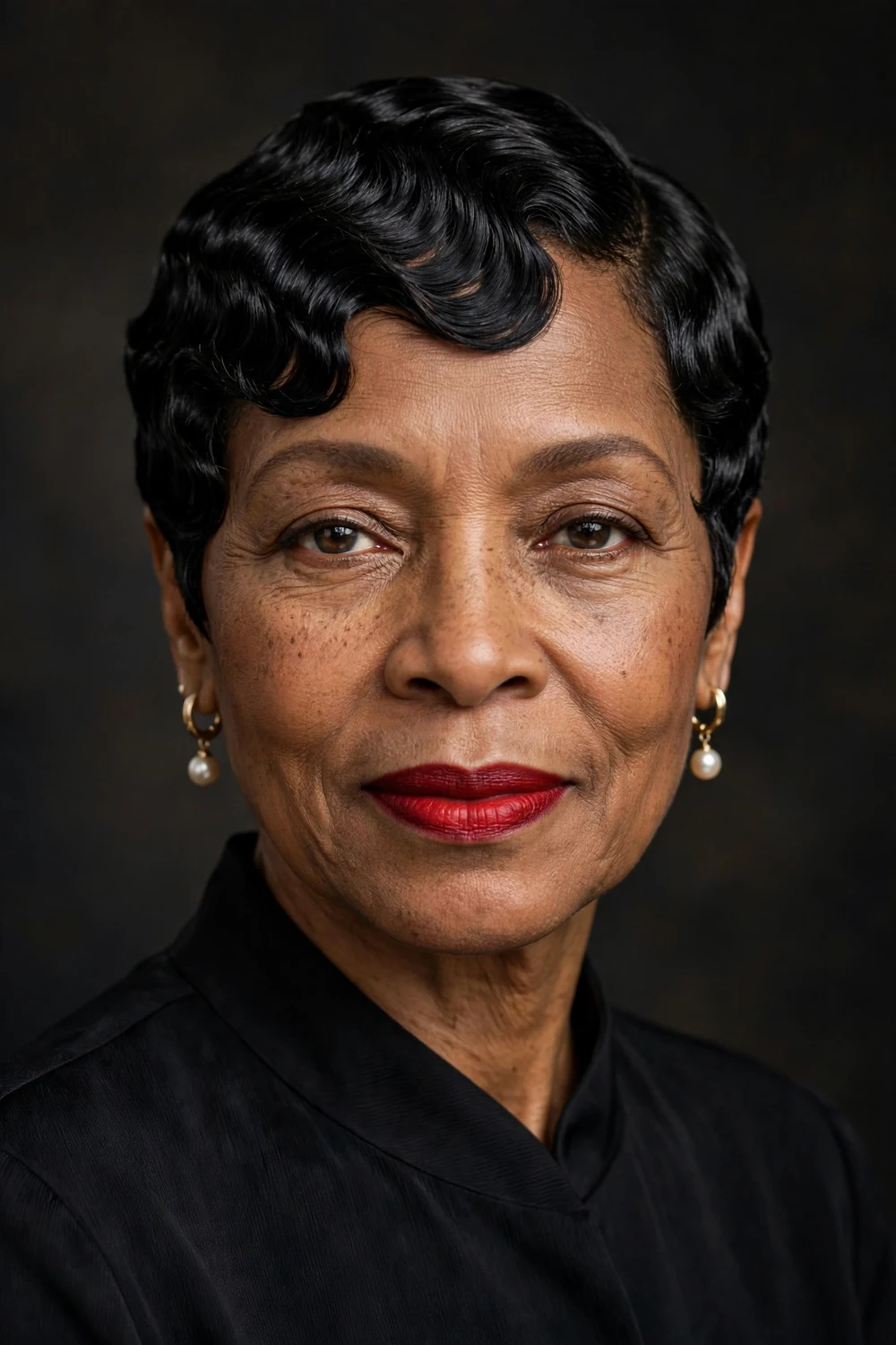 Older Black woman with short finger waves on a pixie cut