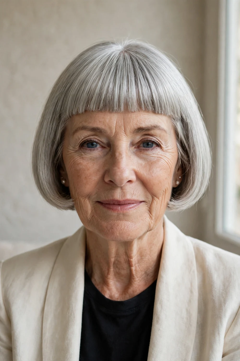 Woman over 60 with short Parisian French bob with straight micro bangs