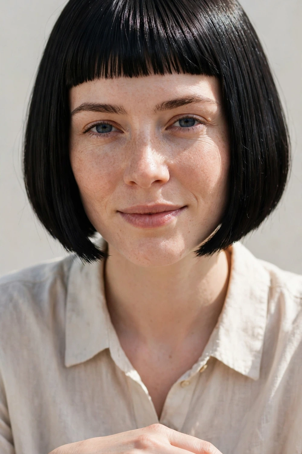 Woman with a blunt chin-length French bob and extra-short micro bangs