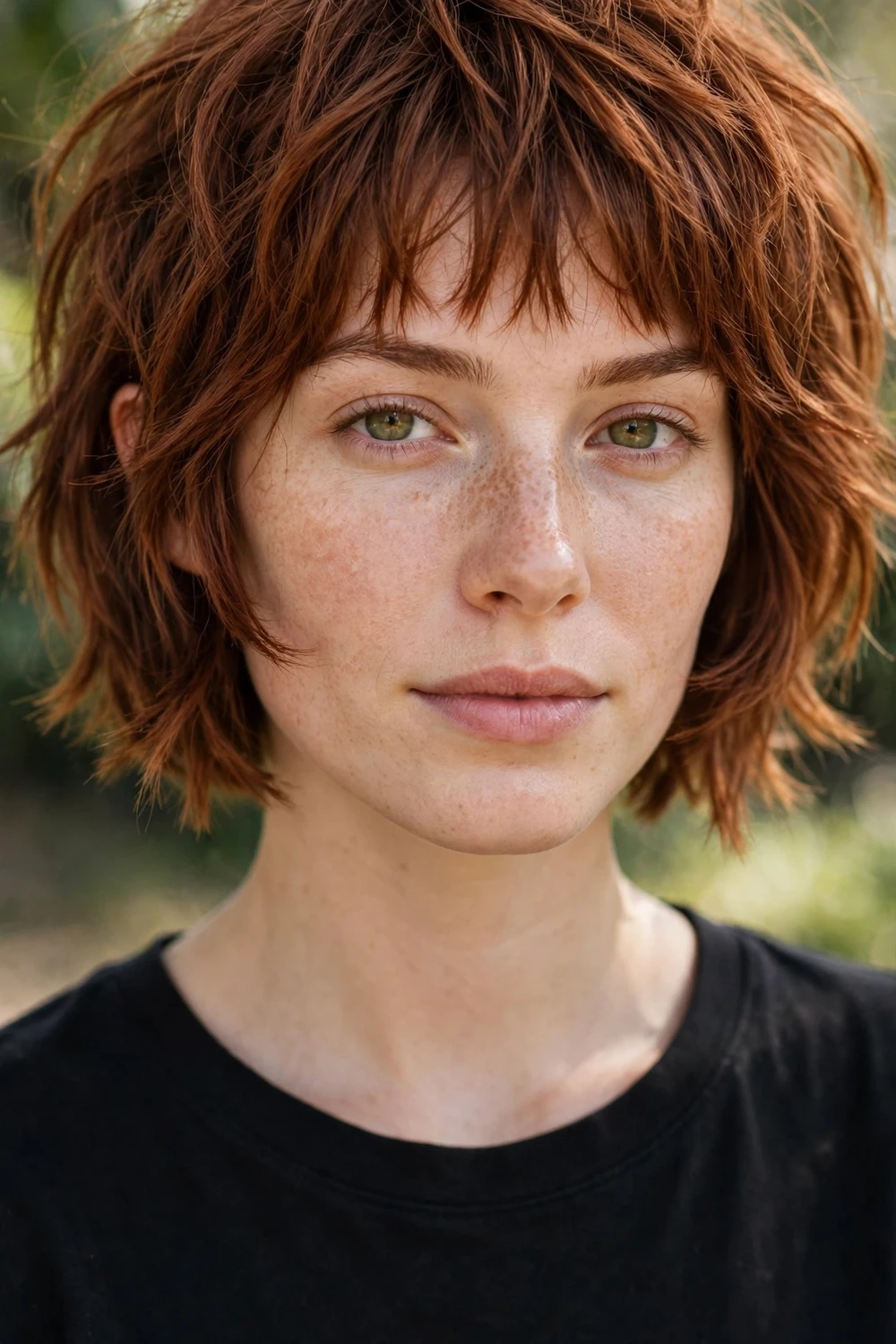 Woman with an ear-length choppy textured French bob and piecey fringe