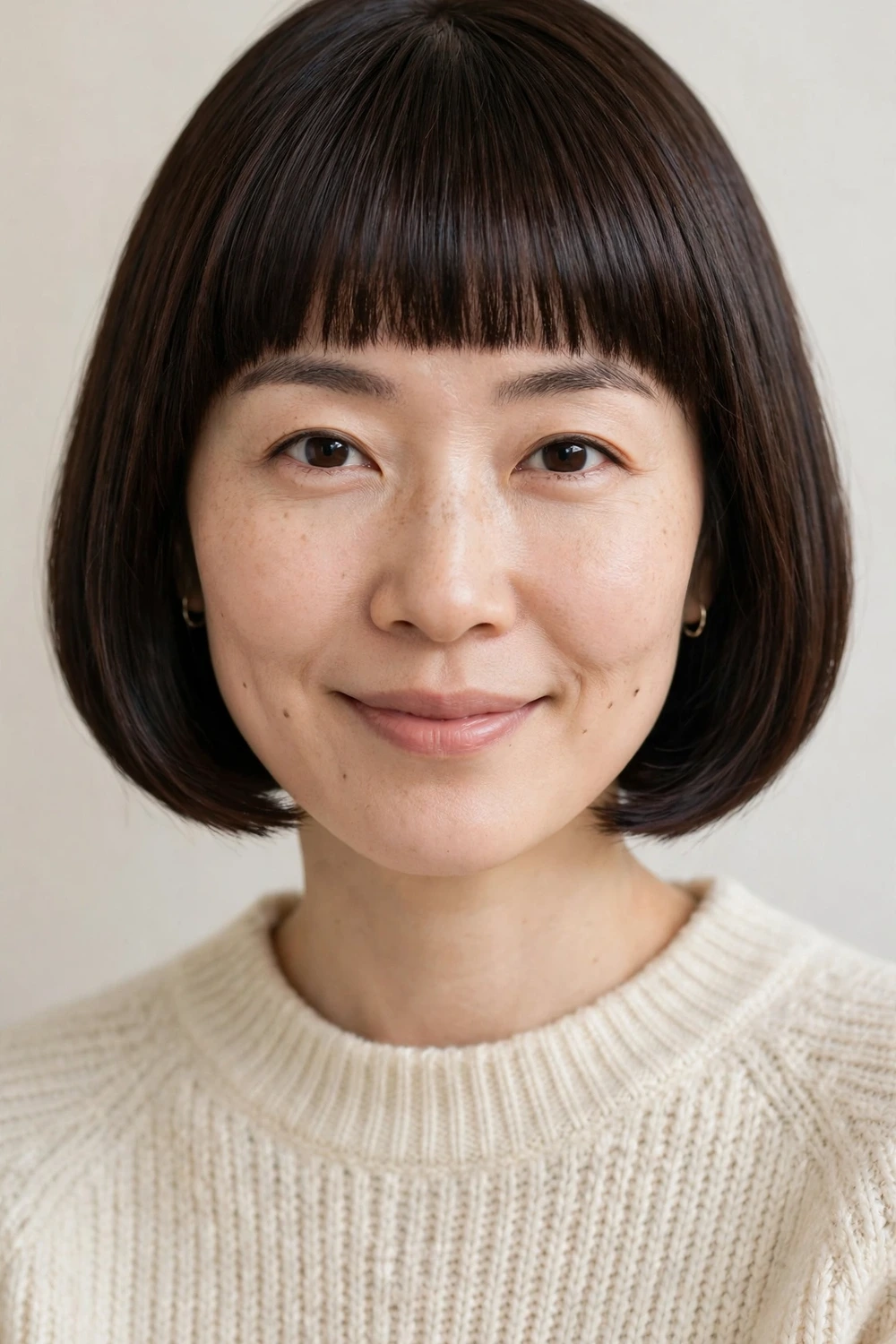 Woman with a classic jaw-length French bob and straight full bangs