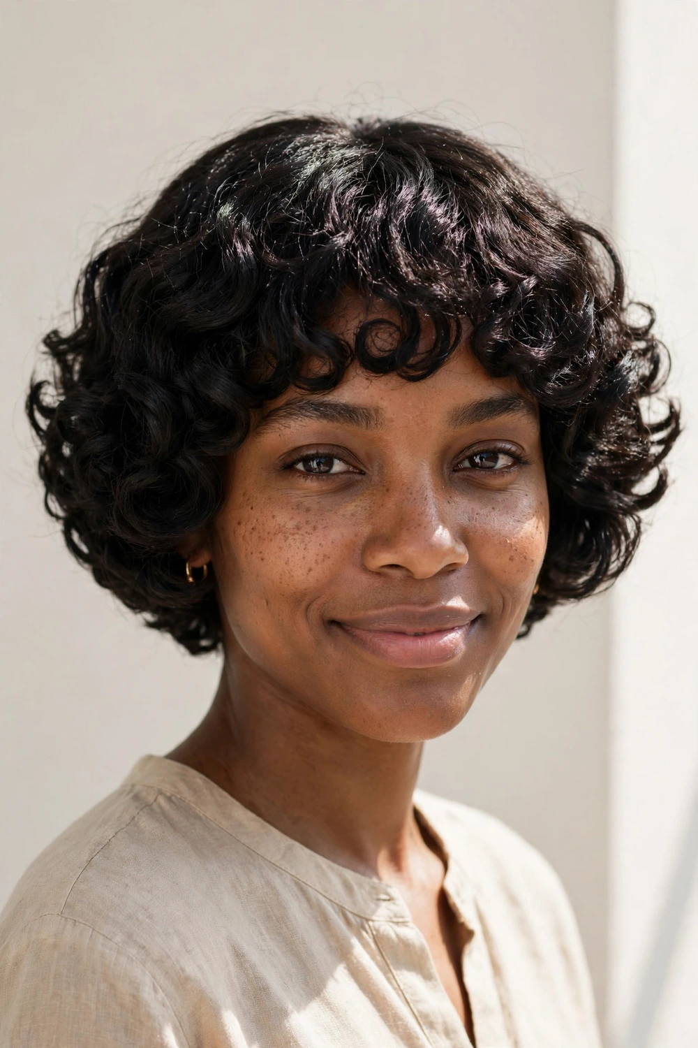 Woman with a curly jaw-length French bob and soft curly fringe