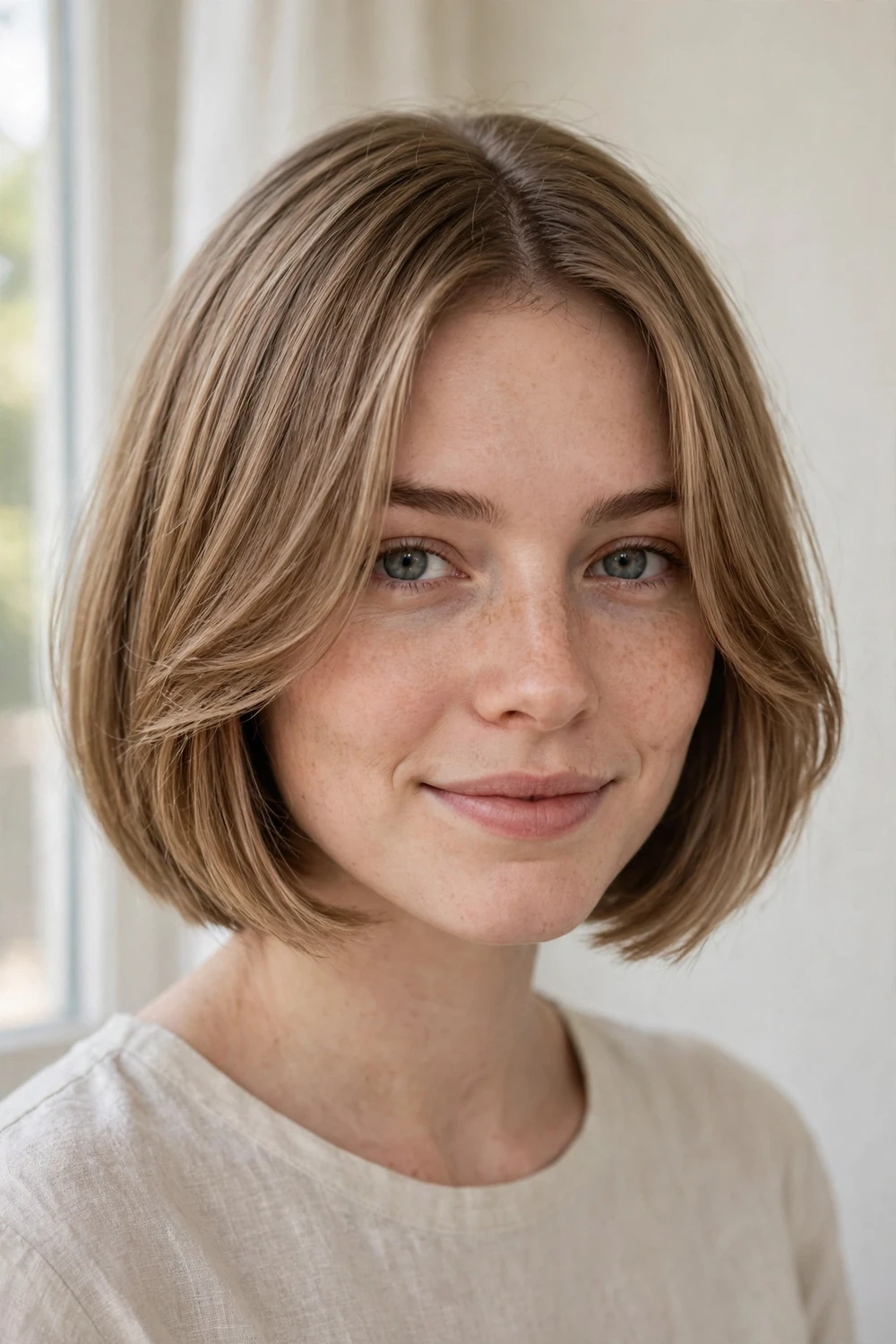 Woman with a jaw-length French bob and curtain bangs sweeping past the cheekbones