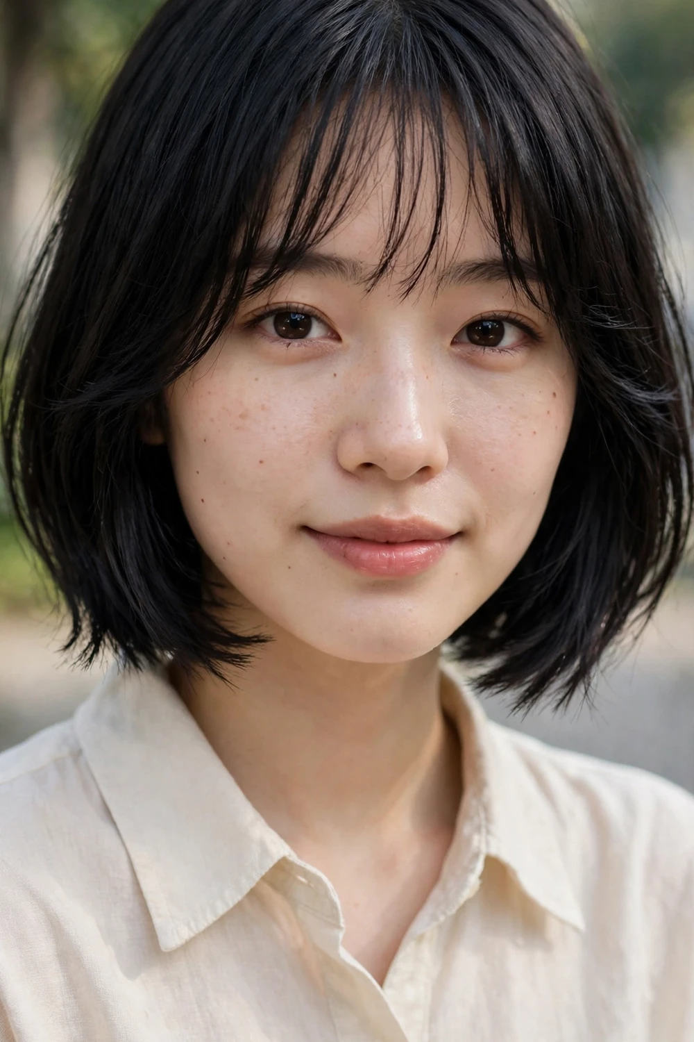 Woman with a dark chin-length French bob and soft wispy fringe