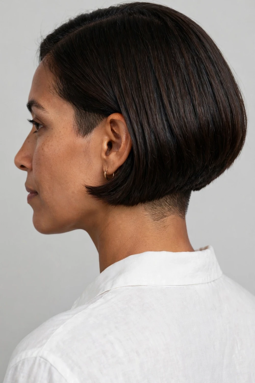 Back view of a French bob with a shaved nape undercut