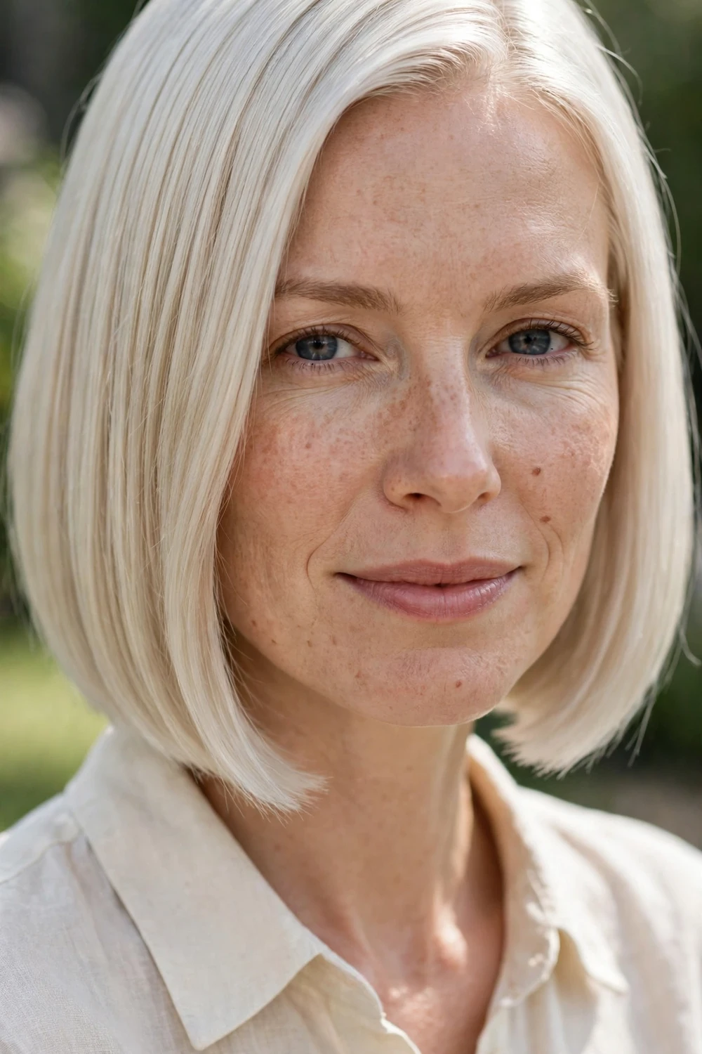 Woman with a platinum blonde jaw-length French bob with a blunt edge