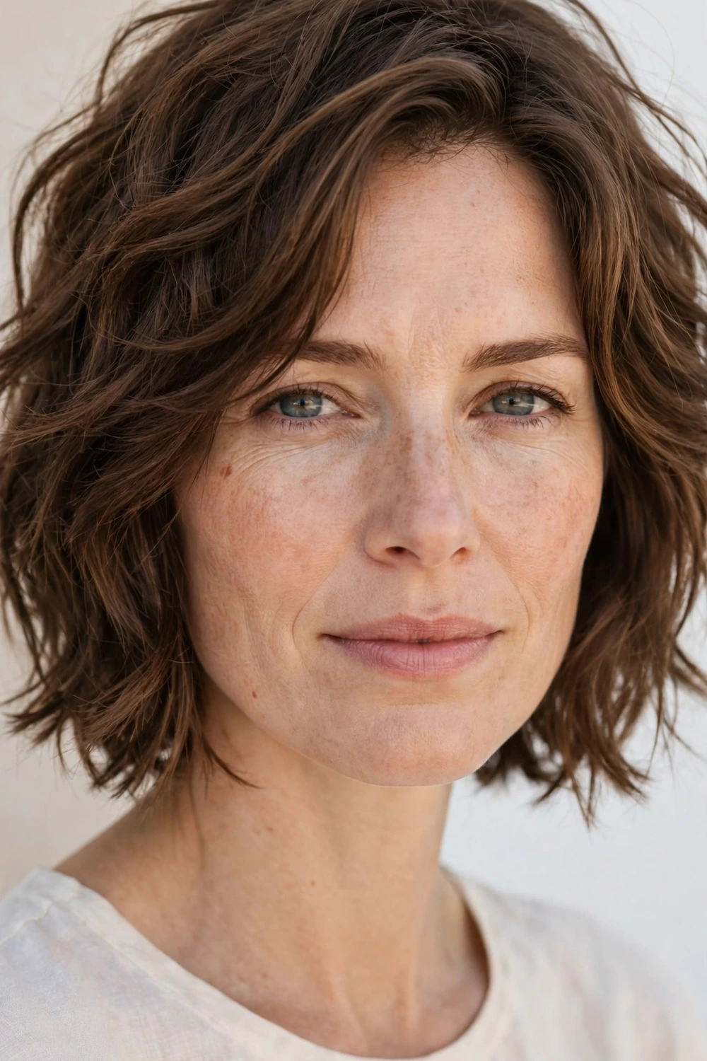 Woman with a razored shaggy jaw-length French bob with mussed waves