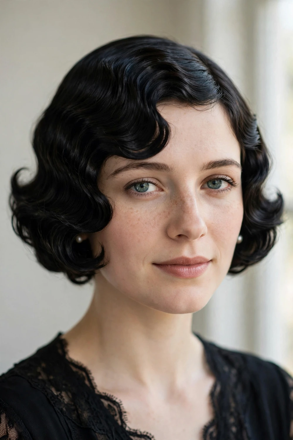 Woman with a 1920s-inspired French bob styled in soft finger waves