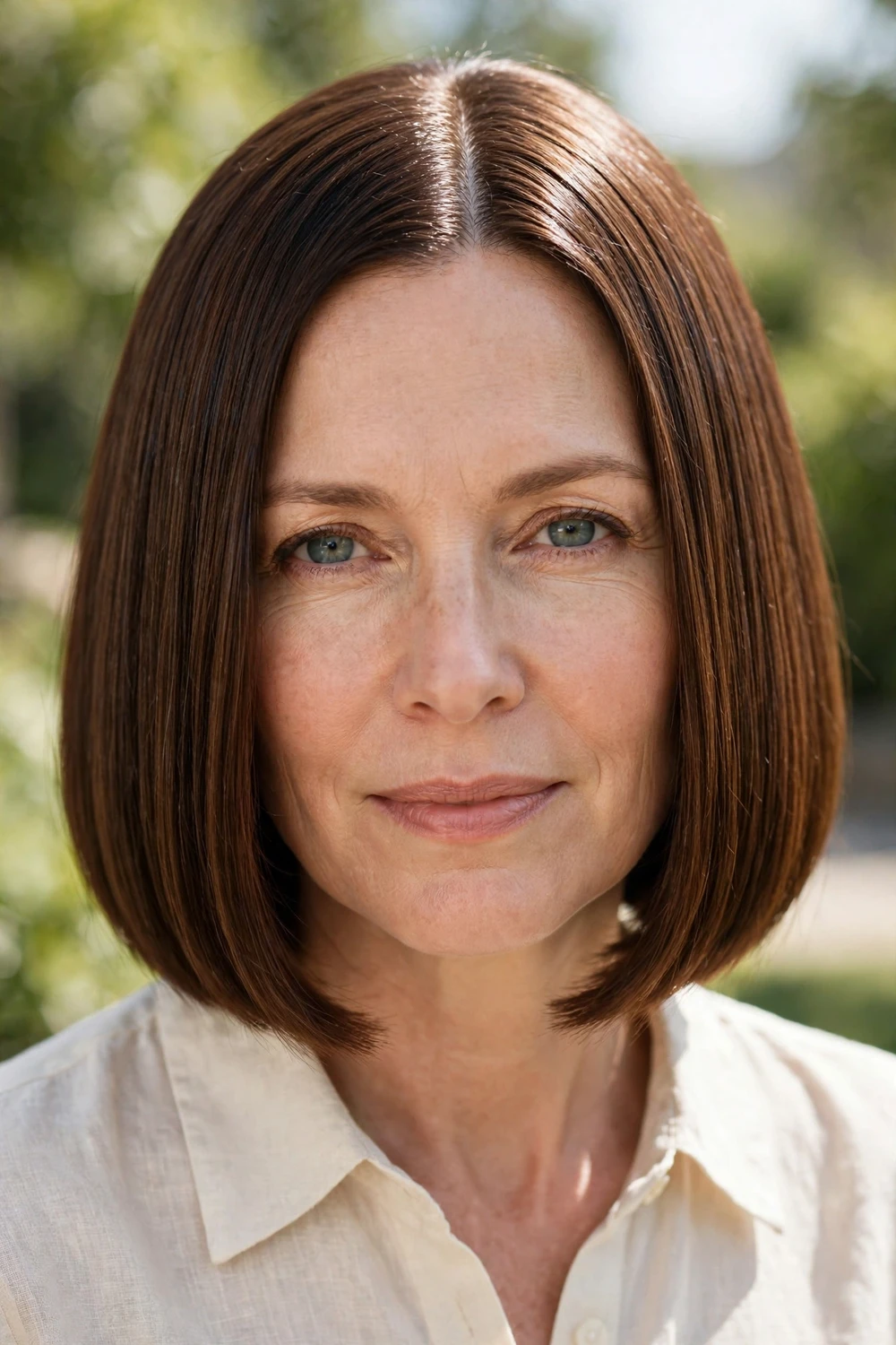 Woman with a sleek blunt French bob with a middle part and no bangs