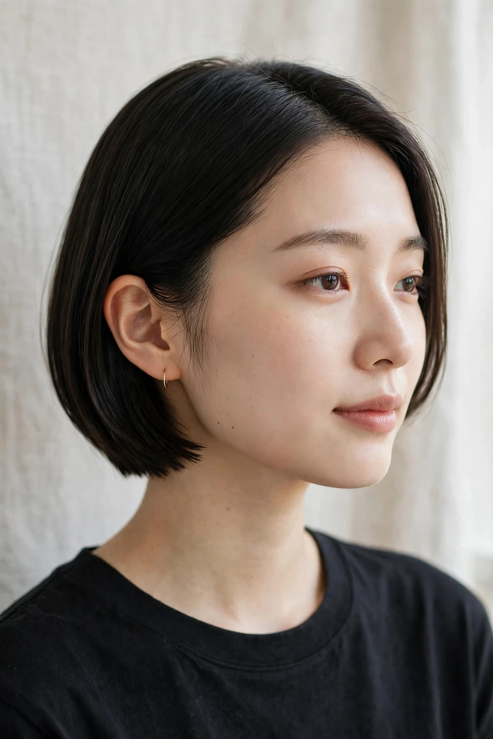 Woman with a French bob tucked behind one ear showing a gold hoop earring