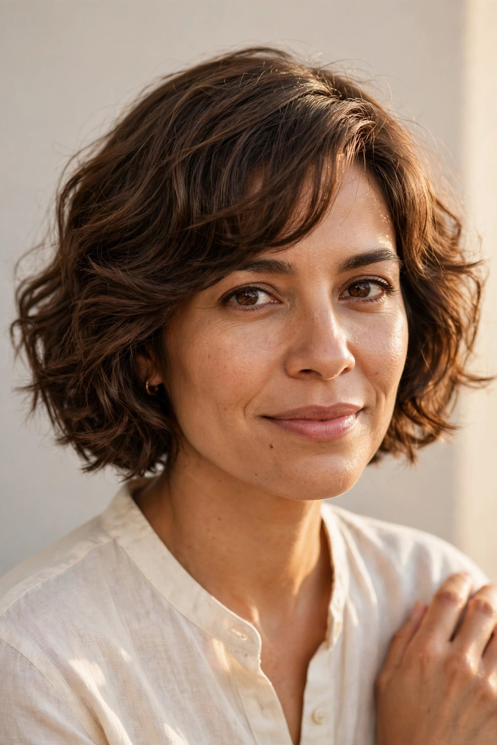 Woman with a wavy jaw-length French bob and side-swept fringe