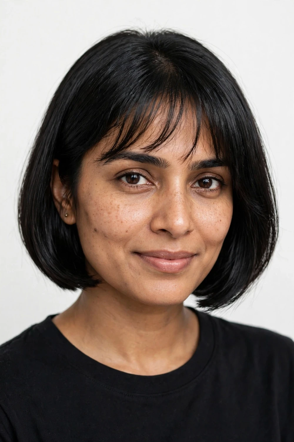 Woman with a chin-length French bob and a light wispy fringe