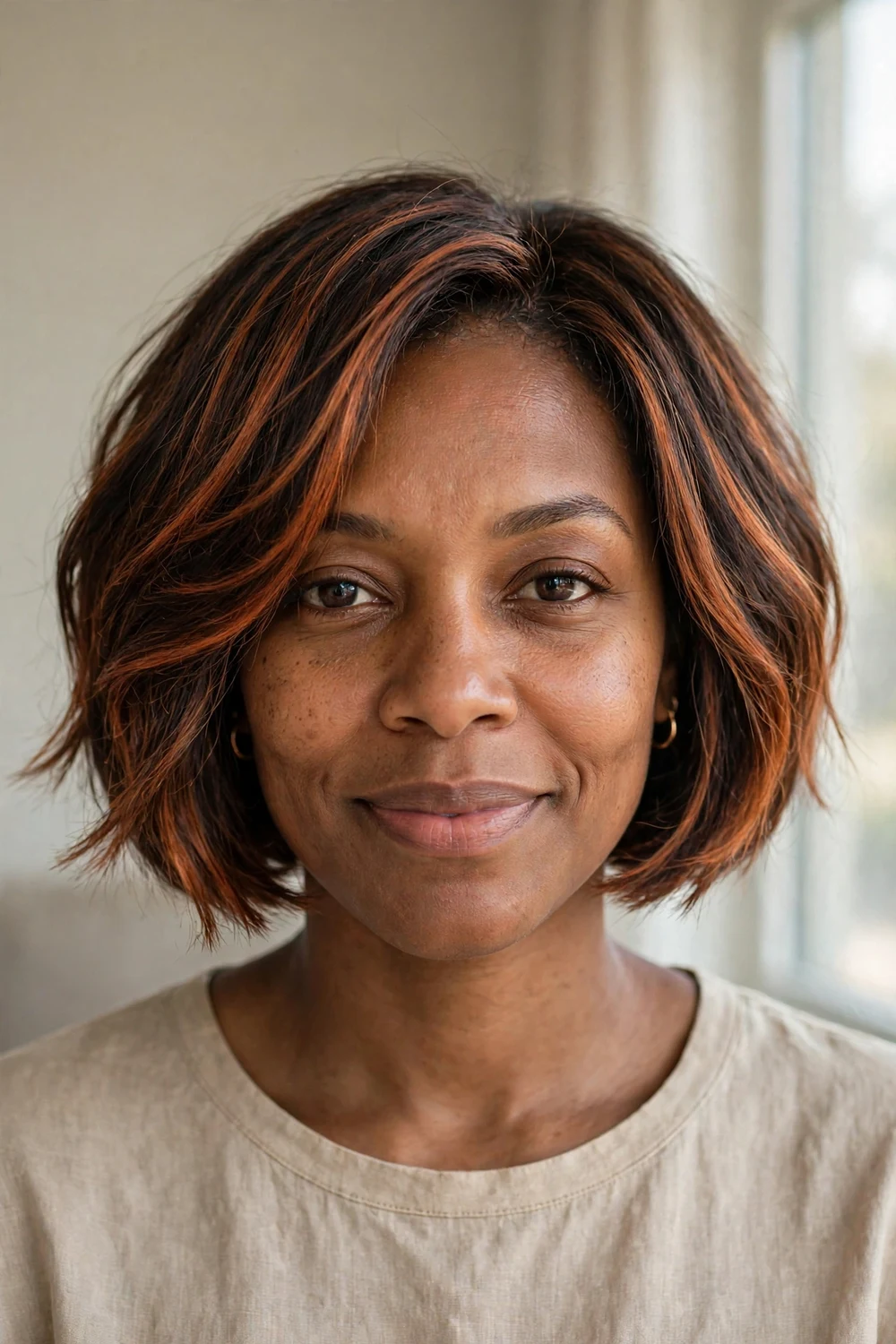 Cowboy copper balayage on a short chin-length bob