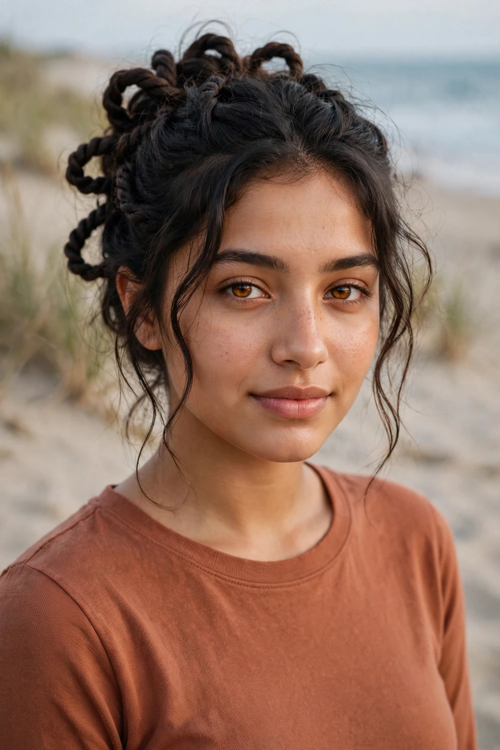 Young woman with short dark wavy hair in a loose boho twisted updo