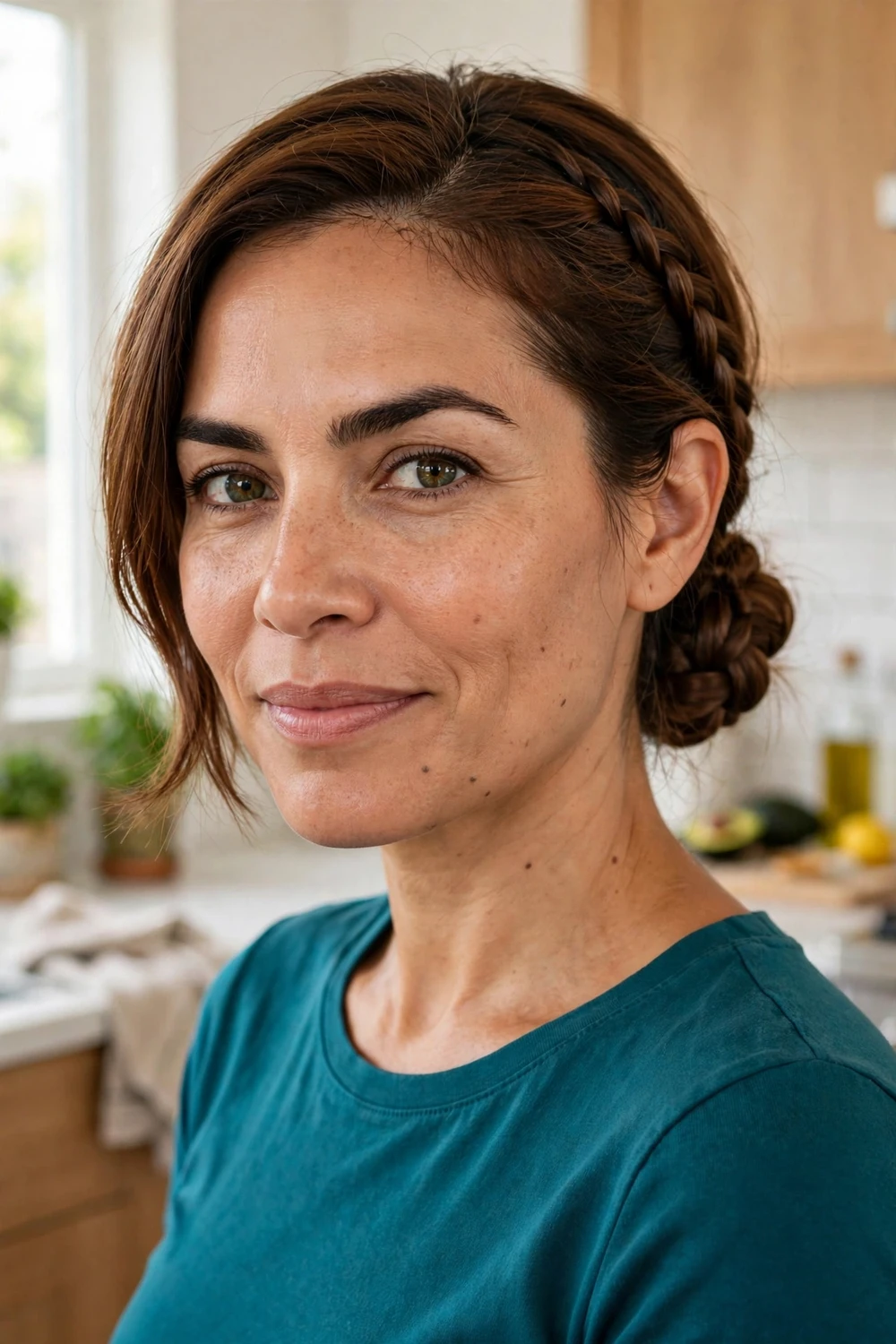 Woman with short chestnut hair in a braided low bun with a side braid