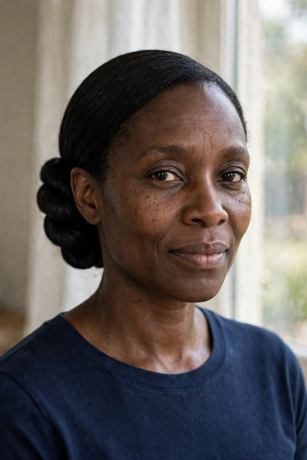 Woman with sleek short black hair in an elegant low twisted bun at the nape