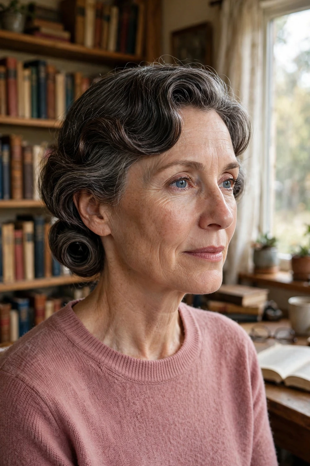 Woman with short salt-and-pepper hair in a vintage Gibson tuck roll