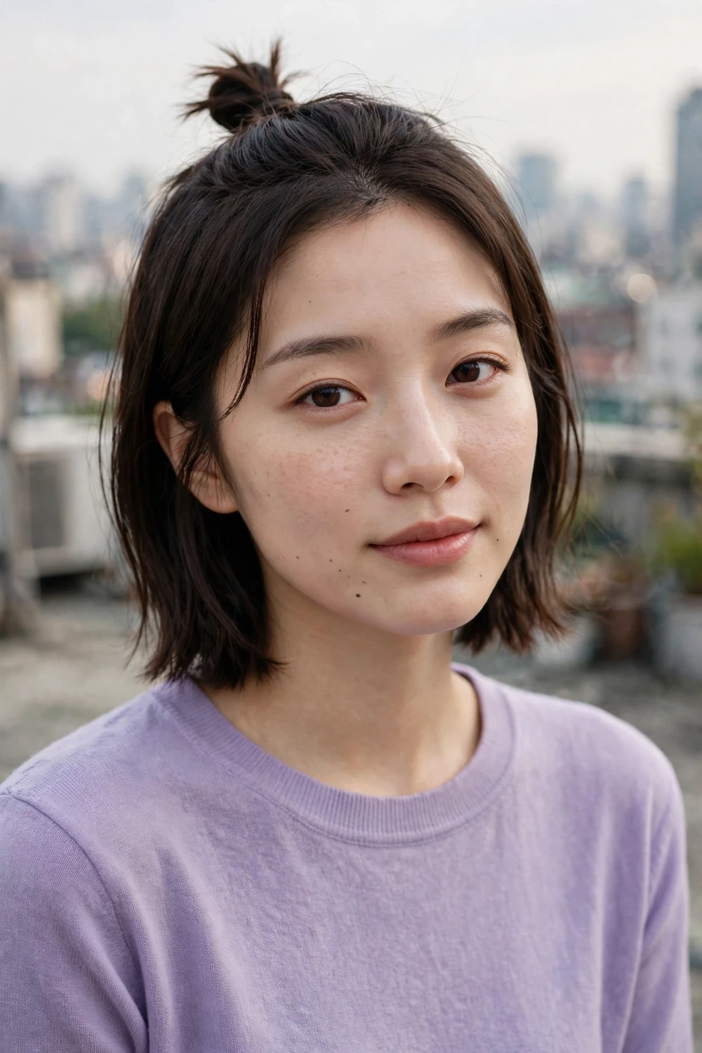 Young woman with short straight dark hair in a half-up top knot