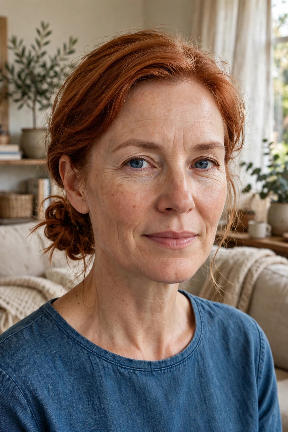 Woman with short copper-red hair in a knotted low bun