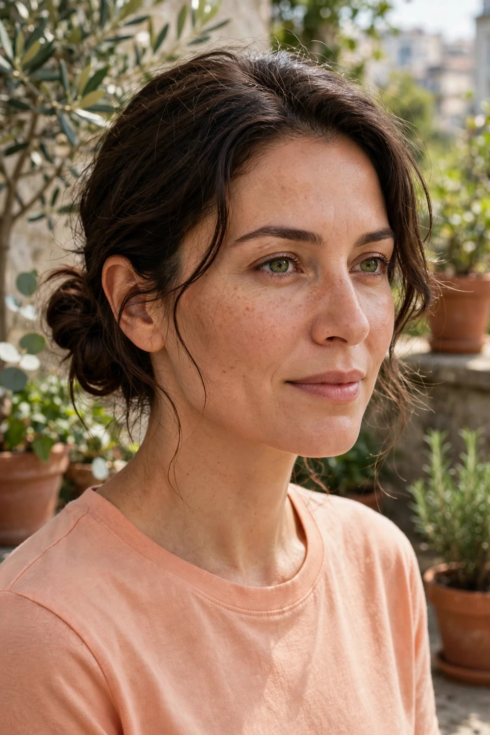 Woman with short dark hair in a loose side-swept low bun
