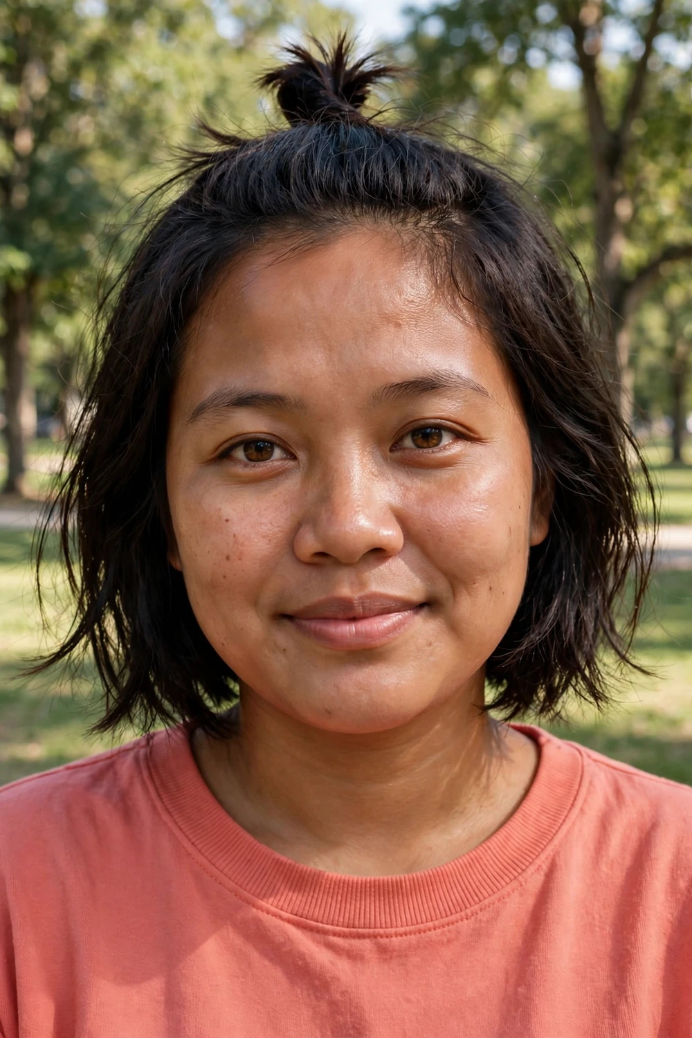 Woman with short dark hair wearing a mini top knot with the rest left loose