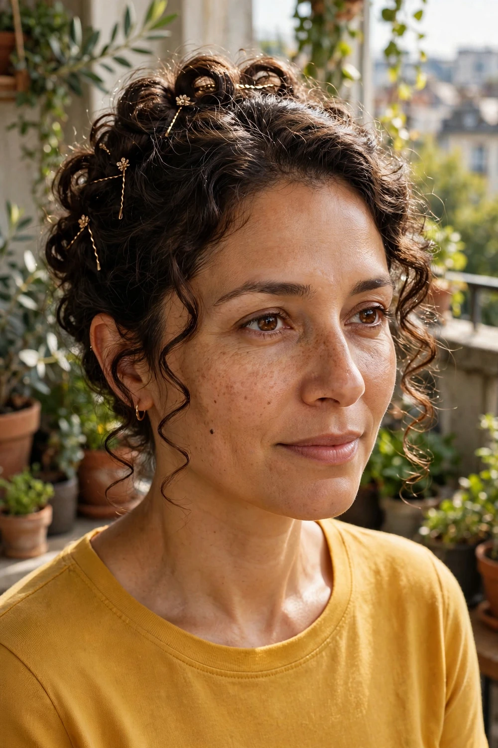 Woman with short dark curly hair pinned back into a romantic updo