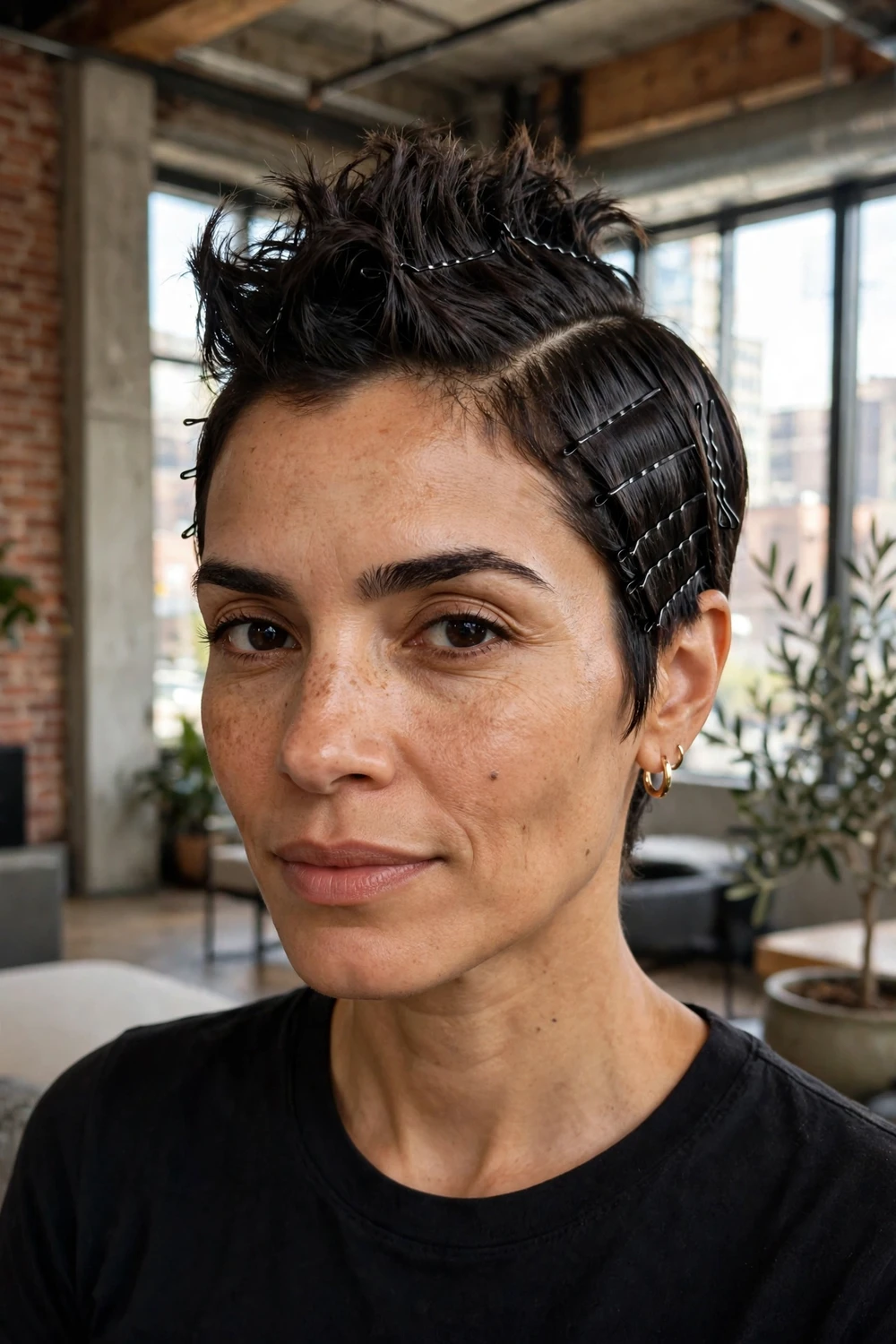 Woman with a short dark pixie in a pinned fauxhawk updo