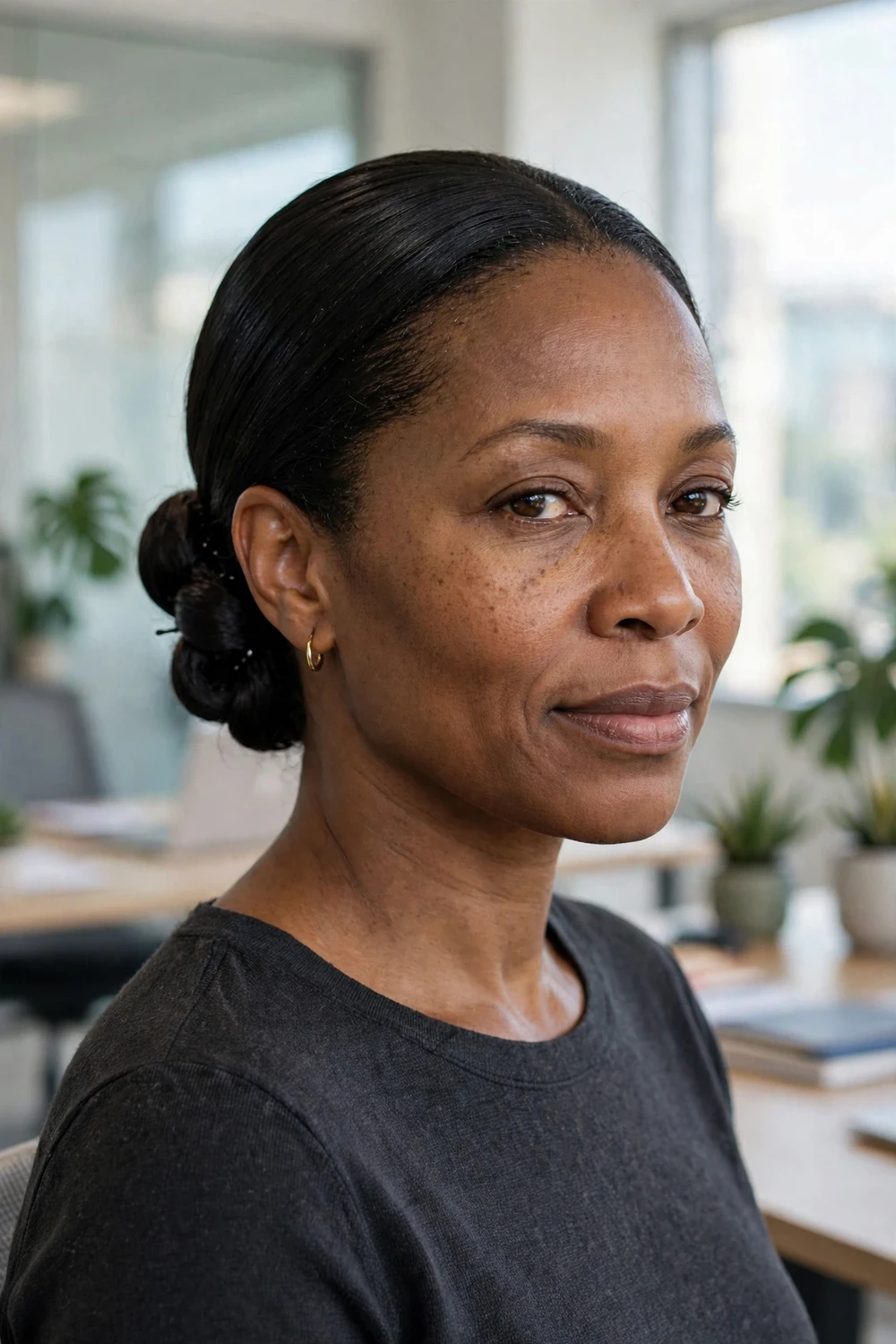 Woman with sleek short black hair in a polished tucked low-pony updo