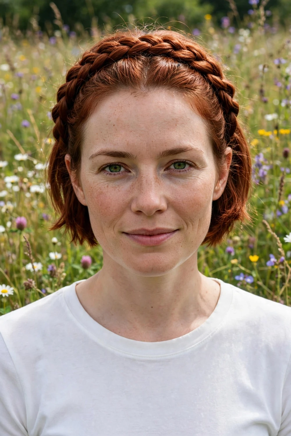 Woman with short auburn hair wearing a romantic braided crown updo
