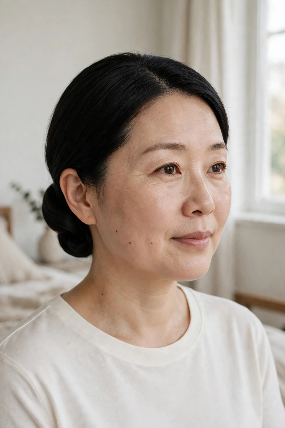 Woman with a sleek short black bob in a neat low chignon