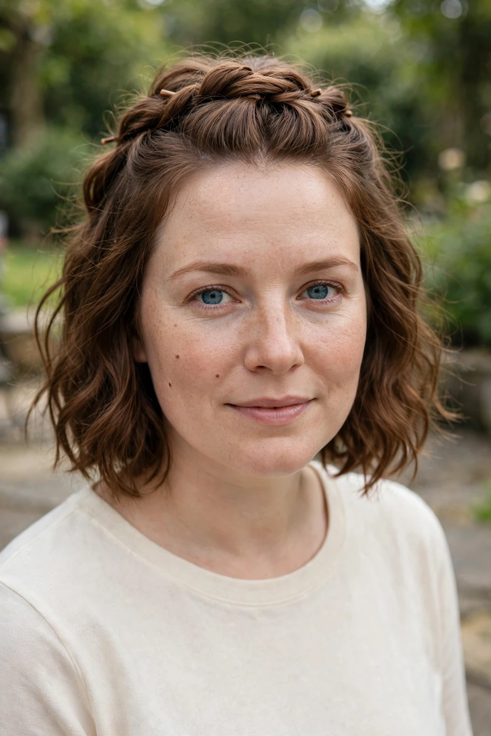 Woman with a short wavy chestnut bob wearing a soft twisted half-updo