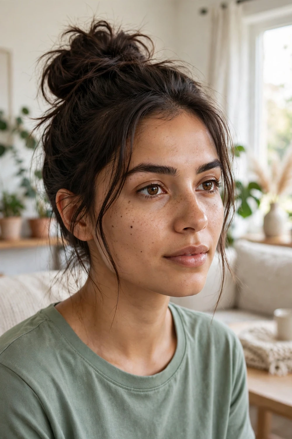 Woman with short dark hair in a textured messy bun with loose face-framing strands
