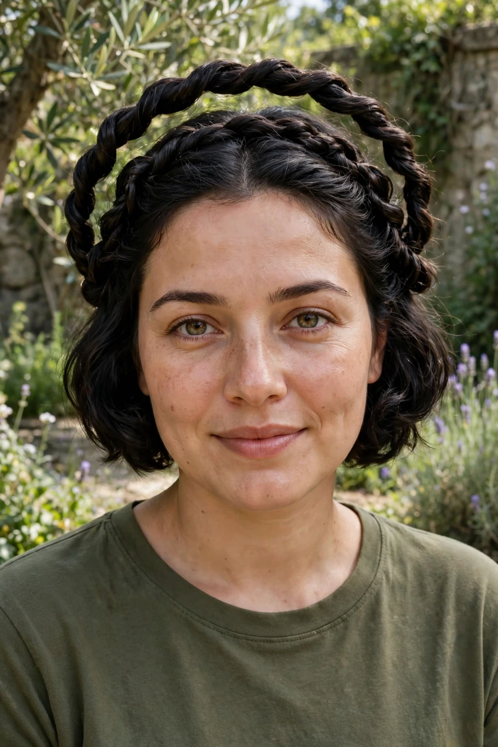 Woman with short dark wavy hair in a twisted halo updo