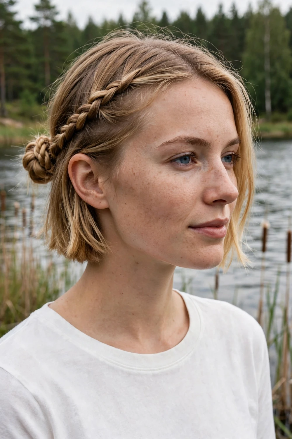 Woman with short honey-blonde hair in a twisted rope-braid bun