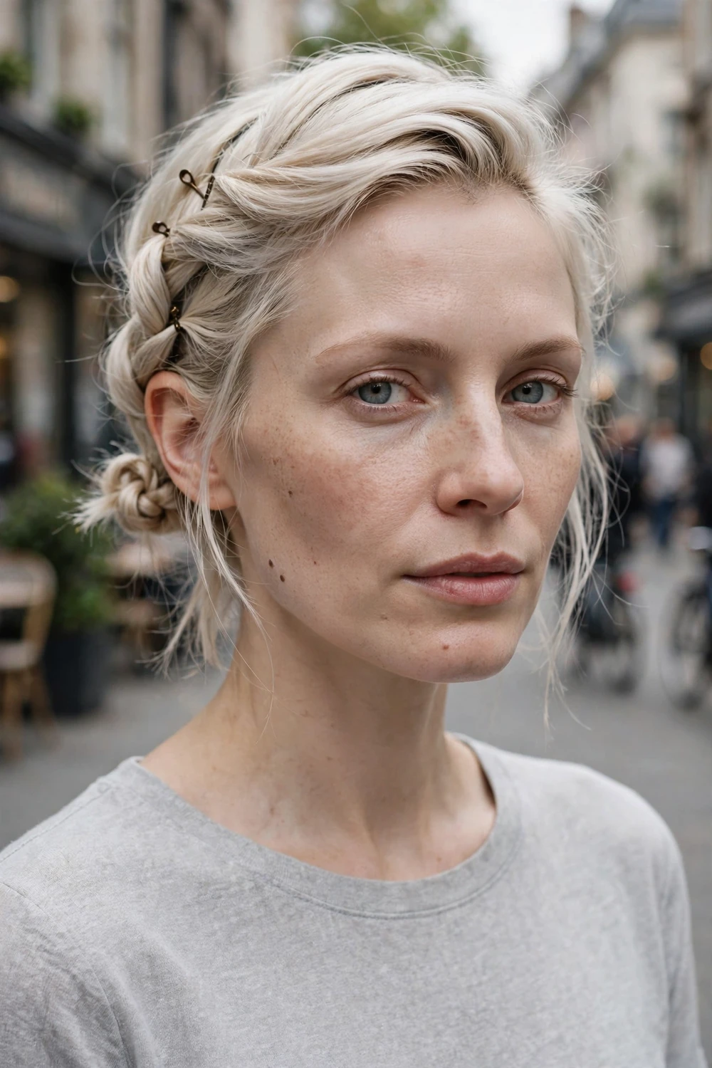 Woman with short platinum blonde hair in an asymmetric twisted side updo