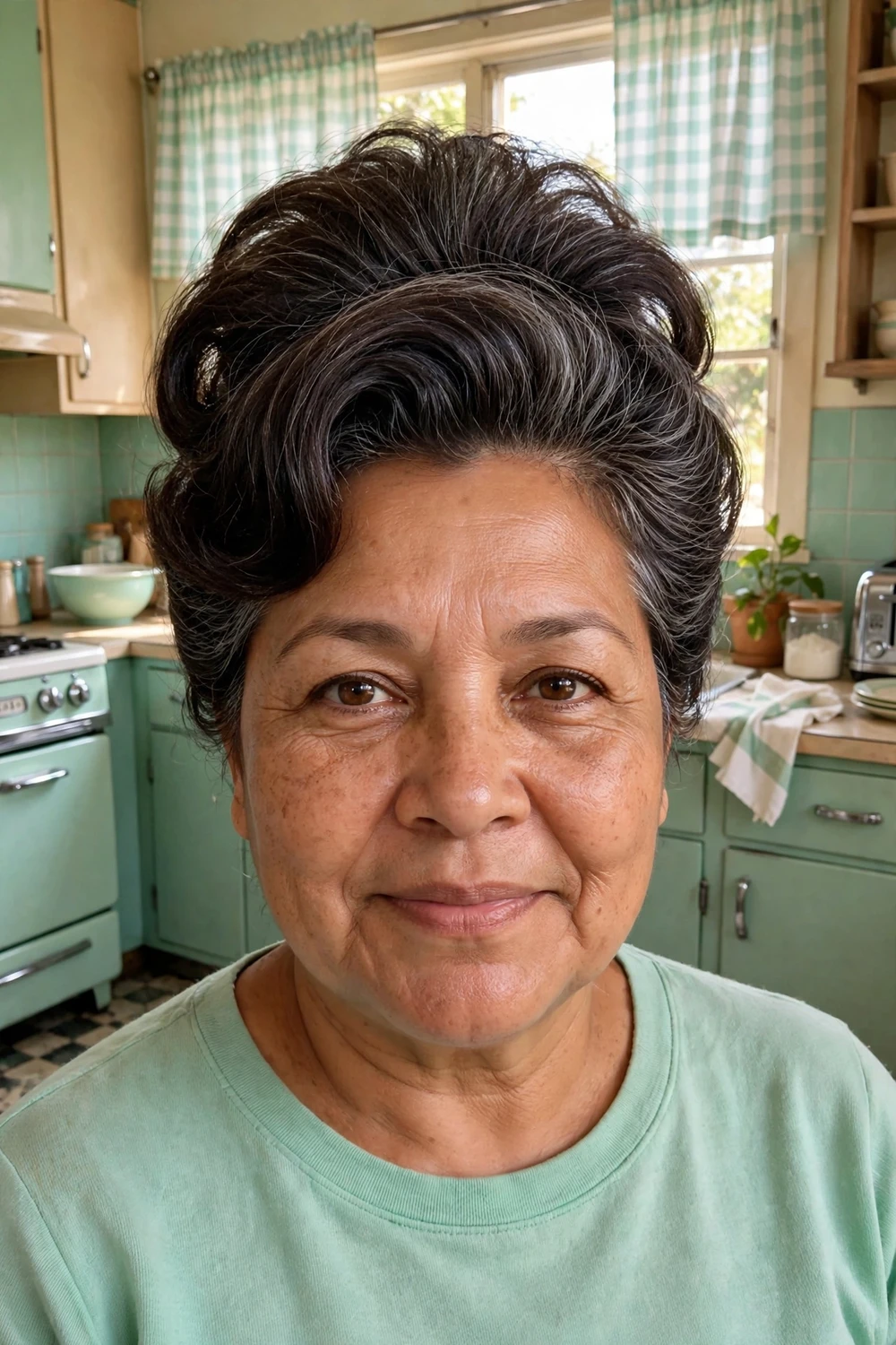 Woman with short dark hair with gray streaks in a vintage beehive updo