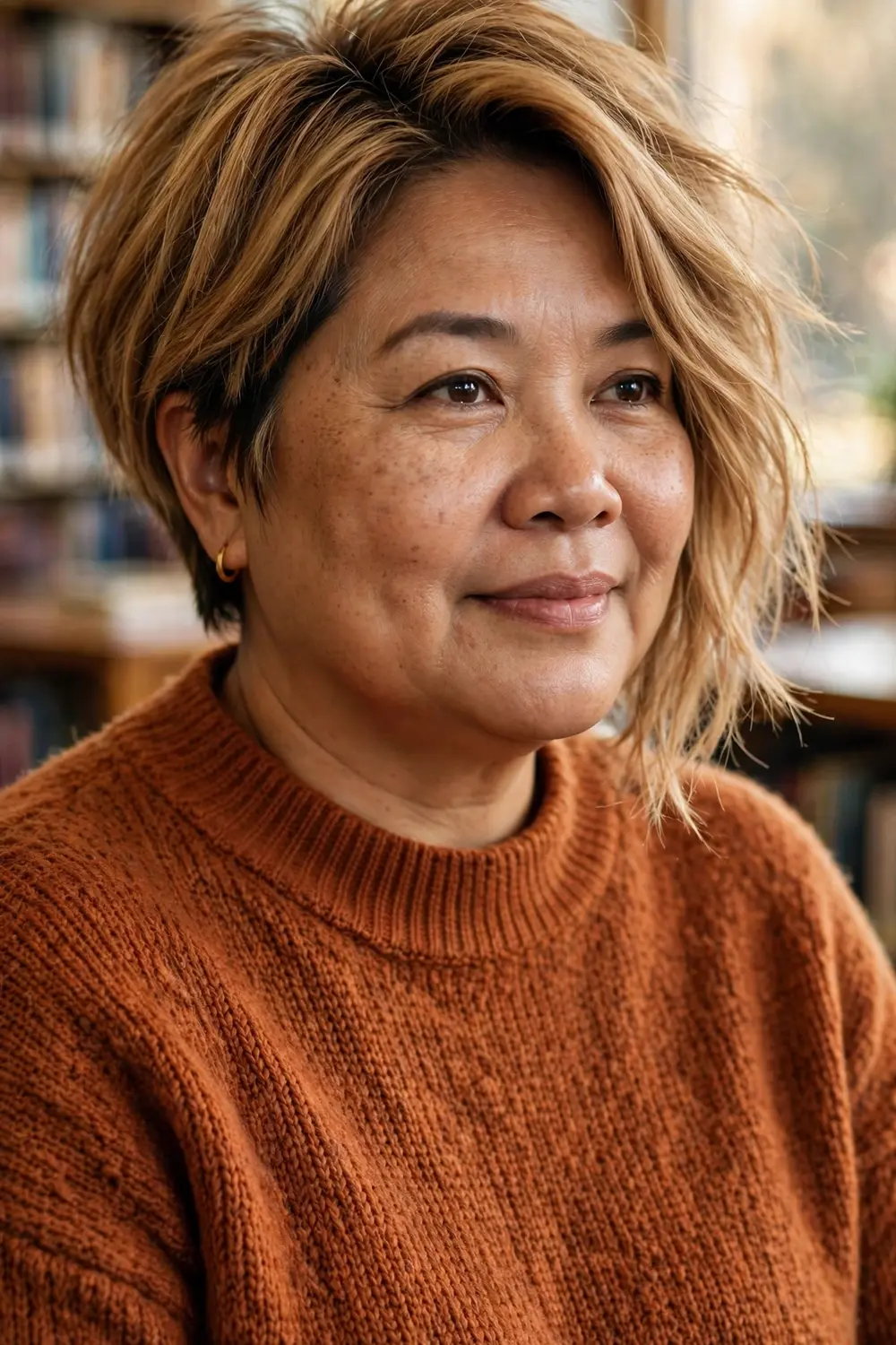 Plus size woman with an asymmetrical bob featuring uneven length