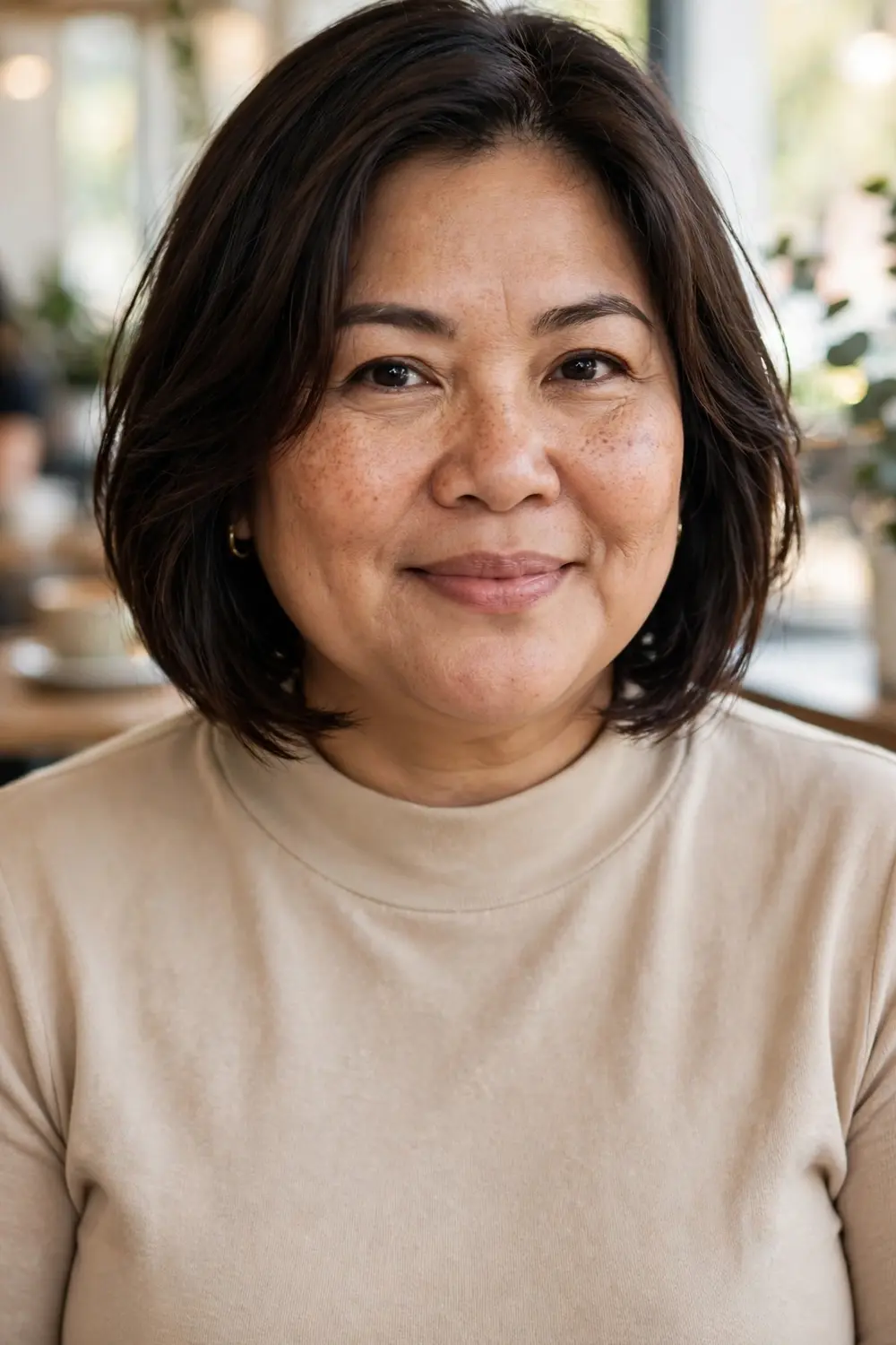Plus size woman with a chin-length bob featuring face-framing layers