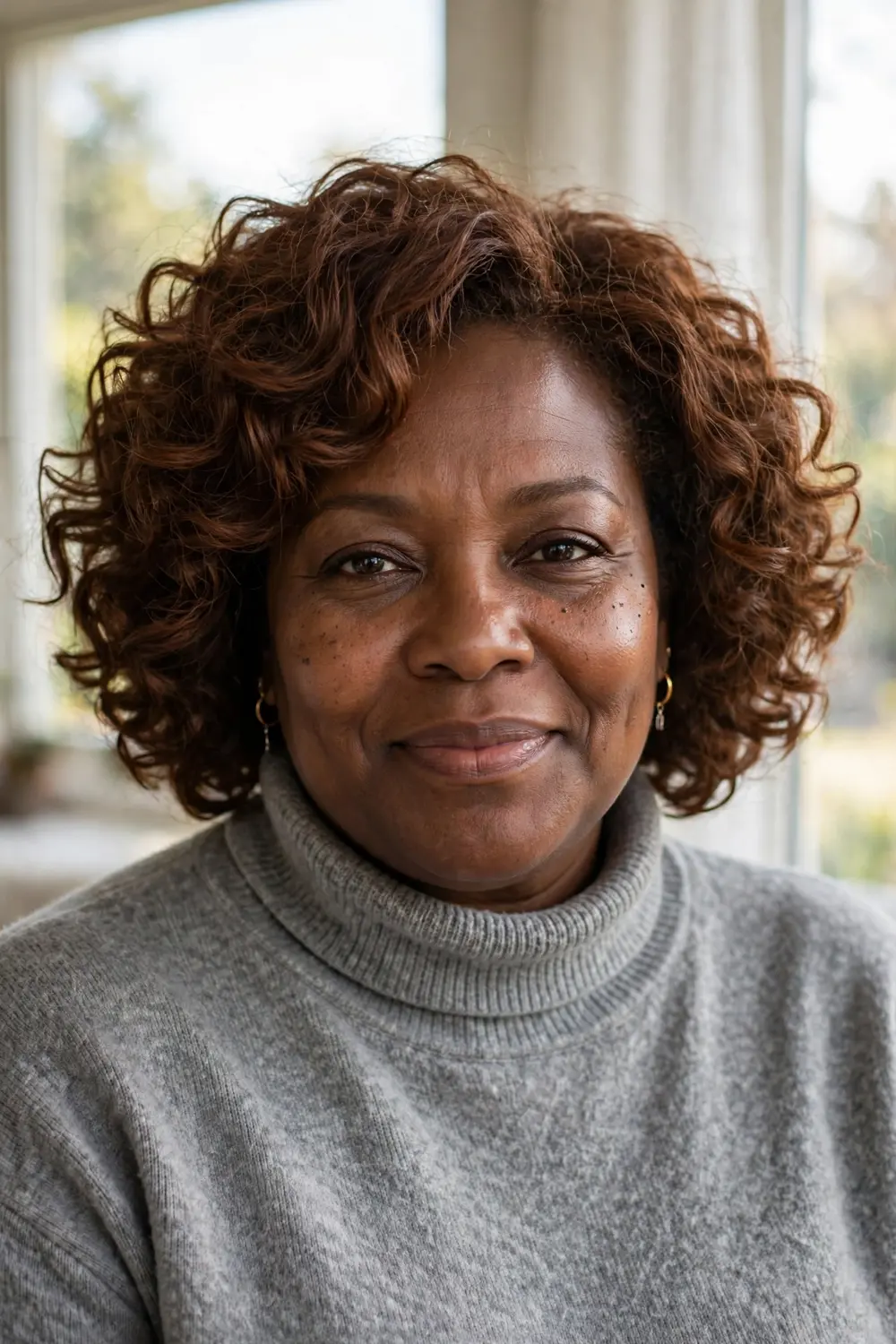 Plus size woman with a curly bob featuring full volumized curls