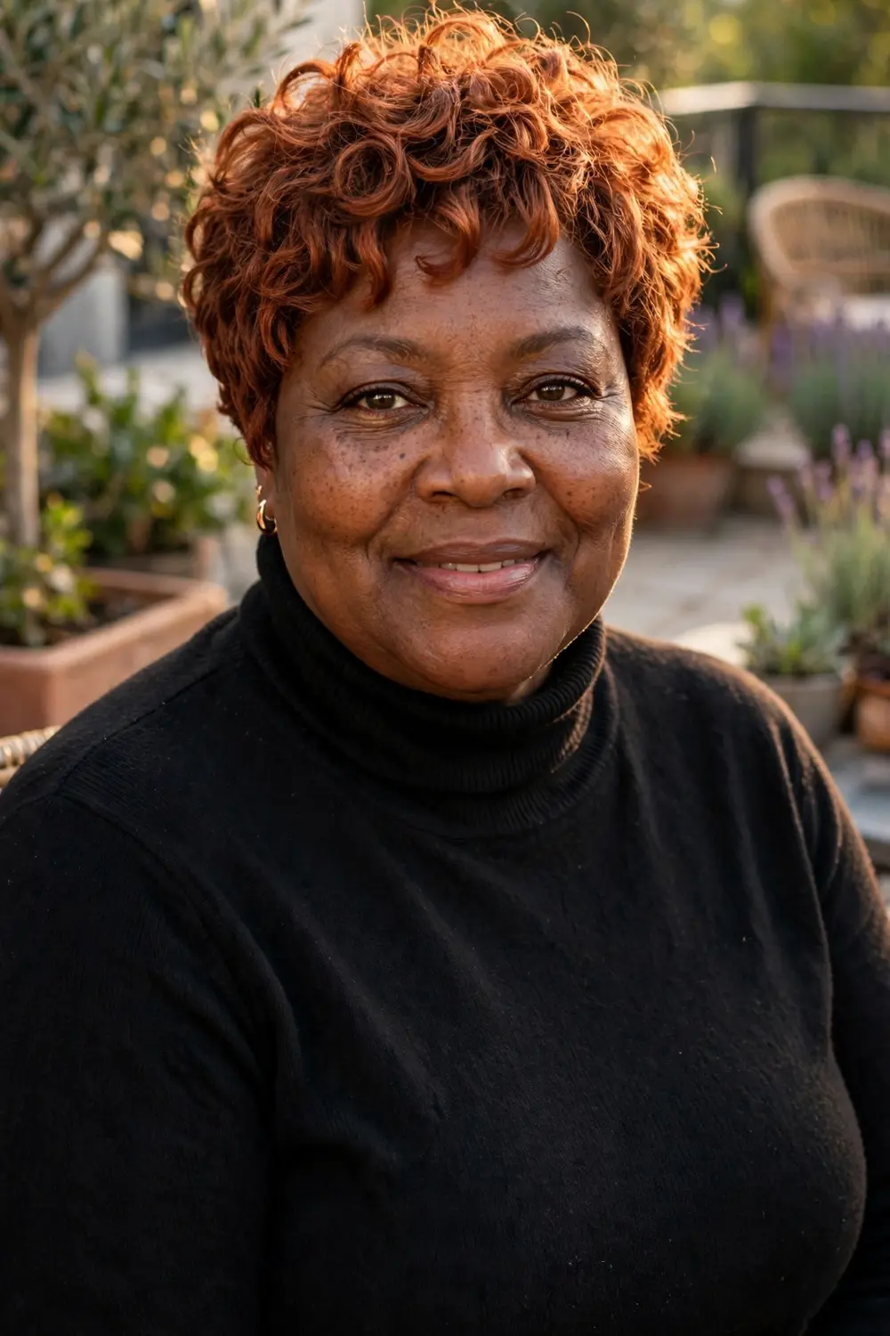 Plus size woman with a curly pixie featuring natural curls and face framing