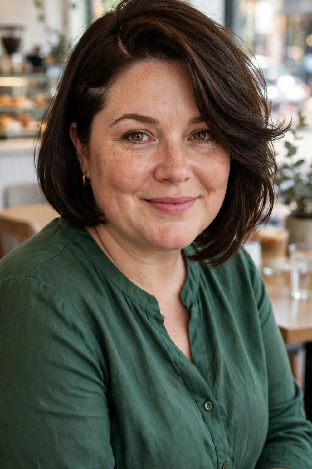 Plus size woman with a bob featuring a dramatic deep side part