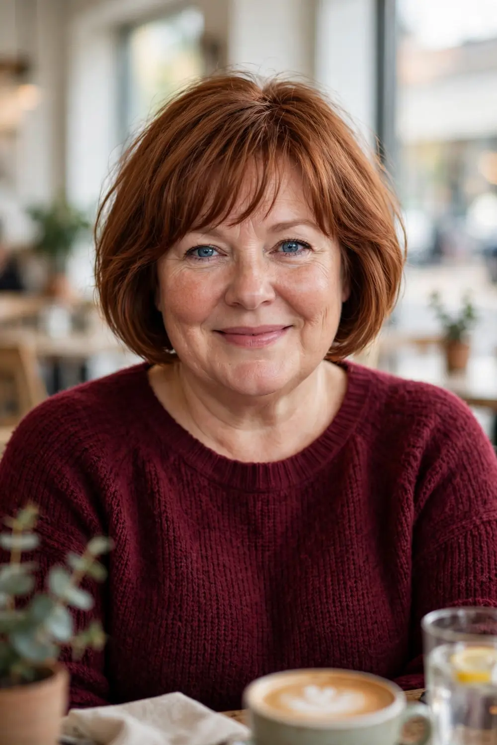 Plus size woman with a French bob featuring soft wispy bangs