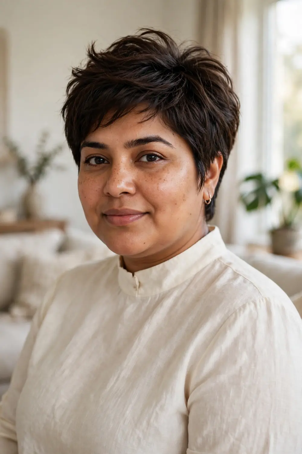 Plus size woman with a layered pixie featuring crown height and soft face framing