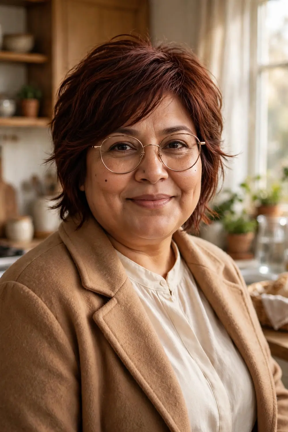 Plus size woman with a long layered pixie featuring soft volume