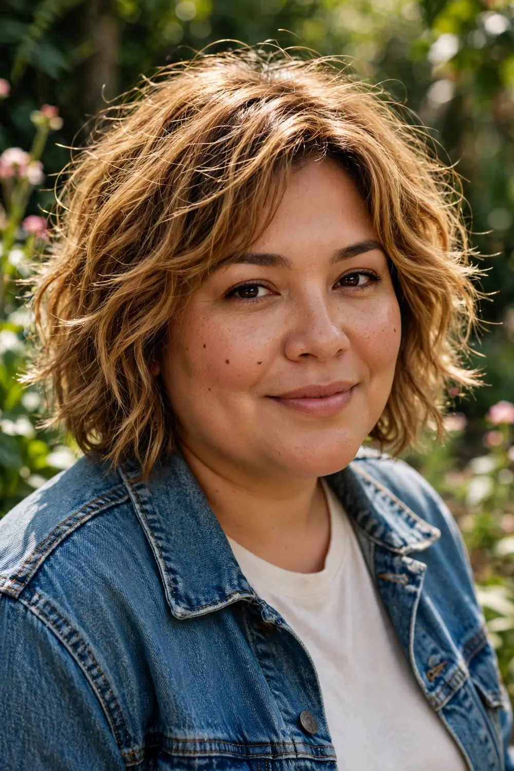Plus size woman with a shaggy bob featuring feathered layers