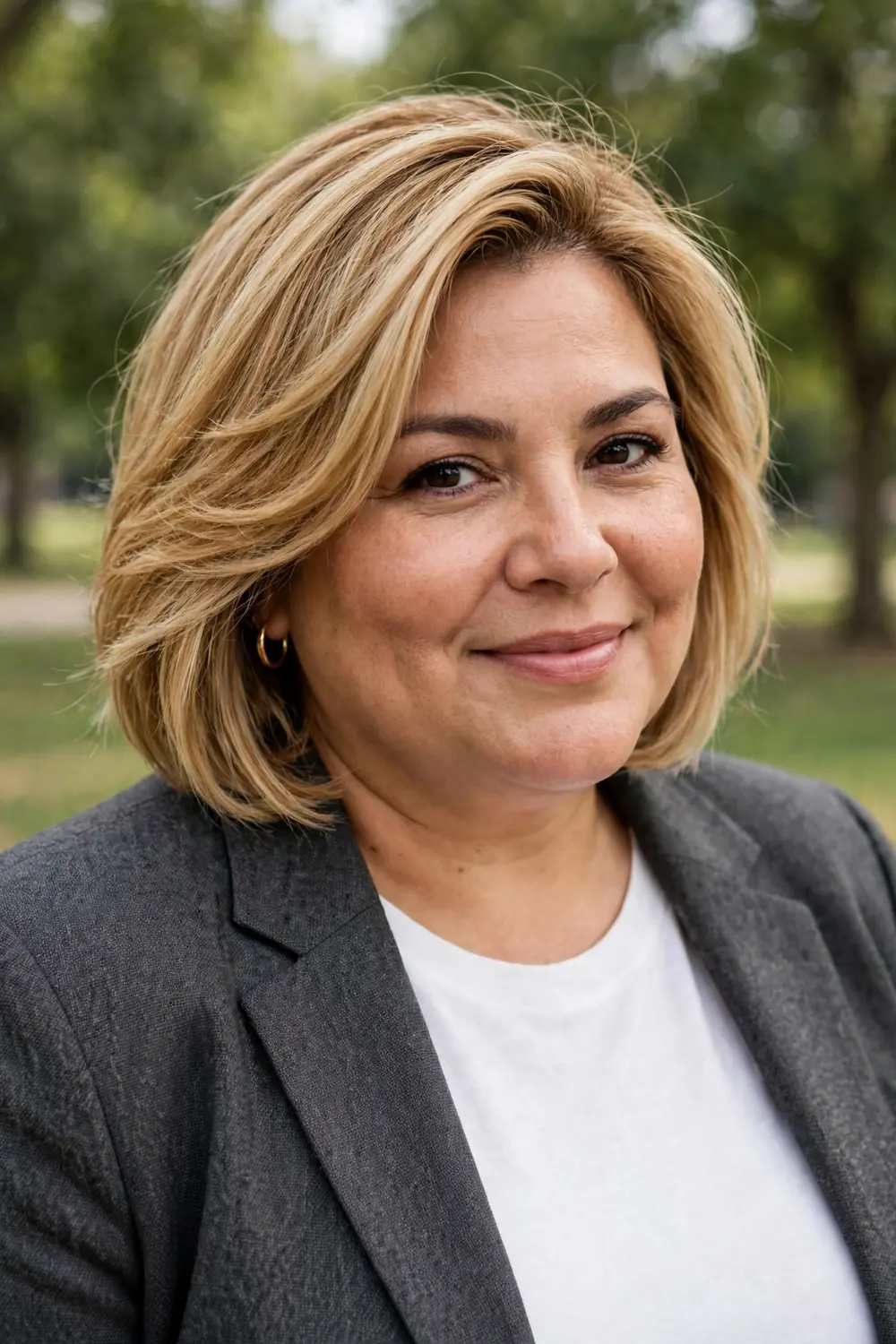 Plus size woman with a side-swept bob featuring a deep side part
